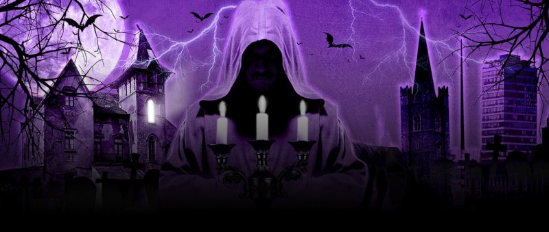 Dublin's Ghostbus Tour Ghostbus cover image. A silhouette of a ghost holding candles on a purple background.